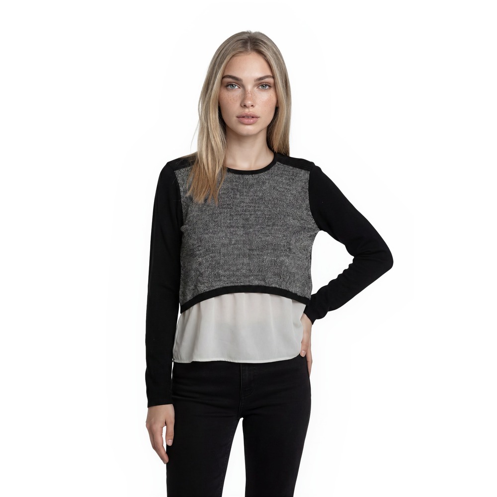 Anthropologie Layered Sweater Top Women's Size Small Black Gray Mixed Knit Grid